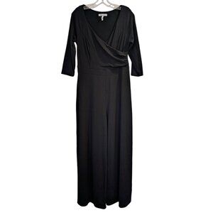 BRAVISSIMO Like New Curvy Ribbed Stretch Jumpsuit 10 Black 3/4 Sleeve Wide Leg